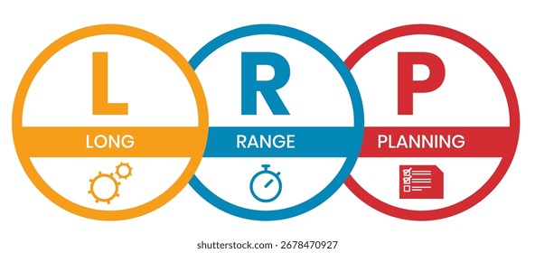 LRP, acrónimo de Long Range Planning. Concepto con Palabra clave, personas e íconos. Ilustración vectorial plana. Aislado en blanco.