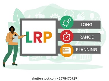 LRP, acrónimo de Long Range Planning. Concepto con Palabra clave, personas e íconos. Ilustración vectorial plana. Aislado en blanco.