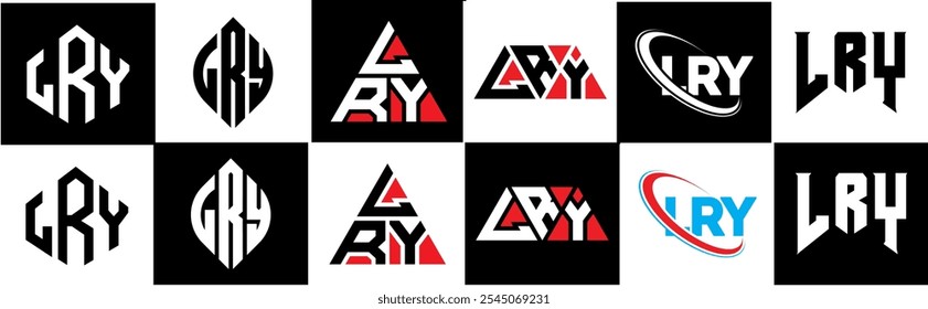 LRY letter logo design in six style. LRY polygon, circle, triangle, hexagon, flat and simple style with black and white color variation letter logo set in one artboard. LRY minimalist and classic logo