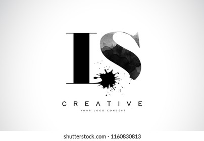 LS L S Letter Logo Design with Black Ink Watercolor Splash Spill Vector Illustration.