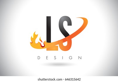 LS L S Letter Logo Design with Fire Flames and Orange Swoosh Vector Illustration.