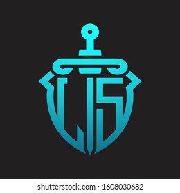 LS Logo monogram with sword and shield combination isolated blue colors gradient