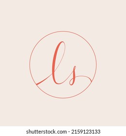 LS monogram logo. Letter l, letter s signature icon. Alphabet initials isolated on light fund. Lowercase lettering sign. Calligraphic style characters. Elegant handwriting typography. Circle frame.