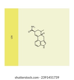 LSA molecular structure, skeletal formula diagram on yellow background. Scientific EPS10 vector illustration.