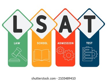 LSAT - Law School Admission Test Acronym. Business Concept Background.  Vector Illustration Concept With Keywords And Icons. Lettering Illustration With Icons For Web Banner, Flyer, Landing Pag