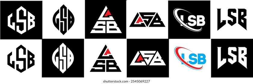 LSB letter logo design in six style. LSB polygon, circle, triangle, hexagon, flat and simple style with black and white color variation letter logo set in one artboard. LSB minimalist and classic logo