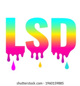 Lsd colorful trippy icon on white background, lsd dripping text