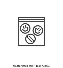 Icono de la línea del paquete de pastillas LSD. signo de estilo lineal para concepto móvil y diseño web. Icono vectorial del contorno de los comprimidos de éxtasis. Símbolo, ilustración del logotipo. Gráficos vectoriales