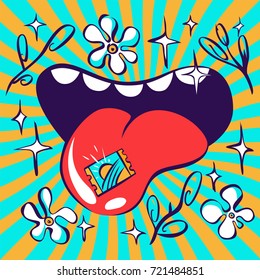 Lsd psychedelic illustration, acid mark on tongue, vivid colours