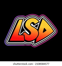 Palabra LSD,letras trippy estilo graffiti psicodélico.Dibujo del logo de la caricatura con dibujos a mano con vectores.Divertidas letras trippy geniales, viaje, lsd, moda ácida, impresión de estilo de los años 80 para camisetas, concepto de póster