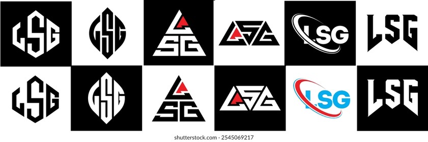 Design do logotipo da letra LSG em estilo seis. Polígono LSG, círculo, triângulo, hexágono, estilo simples e plano com logotipo de letra de variação de cor preta e branca definido em uma prancheta. Logotipo minimalista e clássico do LSG