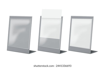 L-shaped clear acrylic sign pocket vector mock-up. Table tent mockup. Countertop pop information display stand template