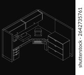 L-shaped desk with two drawers and a file cabinet, outlined in clean black contour for a sleek modern look. The drawers offer ample storage for documents, while the file cabinet provides additional.