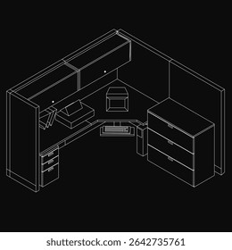 L-shaped desk with two drawers and a file cabinet, outlined in clean black contour for a sleek modern look. The drawers offer ample storage for documents, while the file cabinet provides additional.