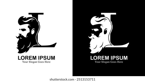 L-shaped logo design combined with the silhouette of a bearded man