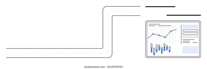 L-shaped road leading to computer screen displaying line and bar graphs. Ideal for business strategy, progress tracking, data analysis, road mapping, financial planning, project management, market