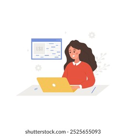 Lsi keyword generation. Latent Semantic Indexing. Key phrases generator. Vector illustration in cartoon style. Female character with laptop is engaged in Web analysis and word search optimization.