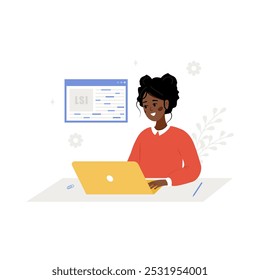 Lsi keyword generation. Latent Semantic Indexing. Key phrases generator. Vector illustration in cartoon style. African female character with laptop is engaged and word search optimization