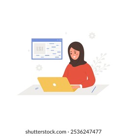 Lsi keyword generation. Latent Semantic Indexing. Key phrases generator. Vector illustration in cartoon style. Arabian female character with laptop is engaged and word search optimization.