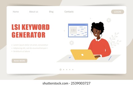 Lsi keyword generator. Landing page template. Key phrases generation service. Vector illustrations in cartoon style. Word search optimization.