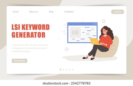 Lsi keyword generator. Landing page template. Key phrases generation service. Vector illustrations in cartoon style. Word search optimization.