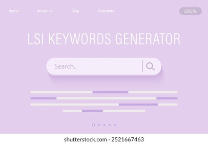 Lsi keyword generator. Keyword Ranking with search bar. Key phrases generation service. 3d Vector illustration. SEO concept.