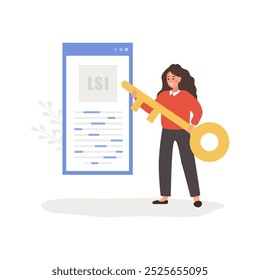 Lsi keyword. Latent Semantic Indexing. SEO concept. Vector illustration in flat cartoon style. Female character with key is engaged in Web analysis and word search optimization.