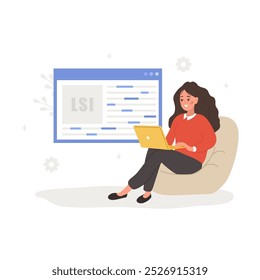 Lsi keyword. Latent Semantic Indexing. Key phrases generator. Vector illustration in flat cartoon style. Female character with laptop is engaged in Web analysis and word search optimization.