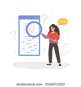 Lsi keyword. Latent Semantic Indexing. SEO concept. Vector illustration in flat cartoon style. Female character with magnifier is engaged in Web analysis and word search optimization.