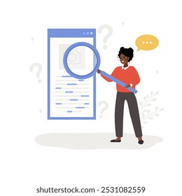 Lsi keyword. Latent Semantic Indexing. SEO concept. Vector illustration in flat cartoon style. African female character with magnifier is engaged in Web analysis and word search optimization.