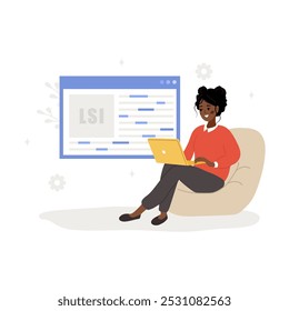 Lsi keyword. Latent Semantic Indexing. Key phrases generator. Vector illustration in flat cartoon style. African female character with laptop is engaged in Web analysis and word search optimization.