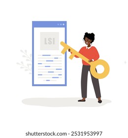 Lsi keyword. Latent Semantic Indexing. SEO concept. Vector illustration in flat cartoon style. African female character with key is engaged in Web analysis and word search optimization.