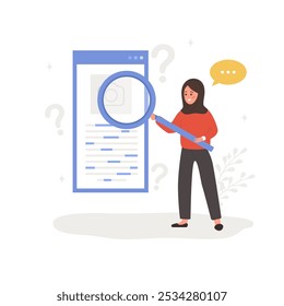 Lsi keyword. Latent Semantic Indexing. SEO concept. Vector illustration in flat cartoon style. Arabian female character with magnifier is engaged in Web analysis and word search optimization.