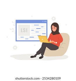 Lsi keyword. Latent Semantic Indexing. Key phrases generator. Vector illustration in flat cartoon style. Arabian female character with laptop is engaged in Web analysis and word search optimization.