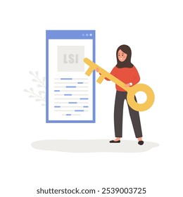 Lsi keyword. Latent Semantic Indexing. SEO concept. Vector illustration in flat cartoon style. Arabian female character with key is engaged in Web analysis and word search optimization.