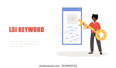 Lsi keyword. Latent Semantic Indexing. SEO concept. Vector illustration in flat cartoon style. African female character with key is engaged in Web analysis and word search optimization.