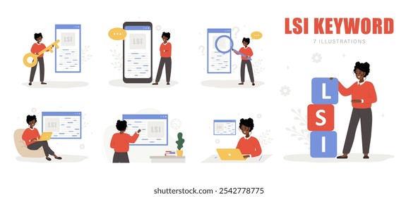 Lsi keyword. Latent Semantic Indexing. Search engine marketing. Set of Vector illustrations in flat cartoon style. African female characters is engaged in Web analysis and word search optimization.