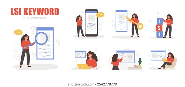 Lsi keyword. Latent Semantic Indexing. SEO concept. Set of Vector illustrations in flat cartoon style. Female characters is engaged in Web analysis and word search optimization.