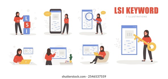 Lsi keyword. Latent Semantic Indexing. Key phrases generator. Set of Vector illustrations in cartoon style. Arabian female characters are engaged and word search optimization.