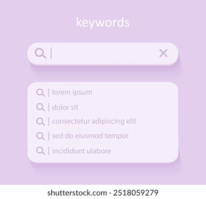 Lsi keyword. Keyword Ranking with search bar. Key phrases generation service. 3d Vector illustration. Selection and analysis popular search terms.