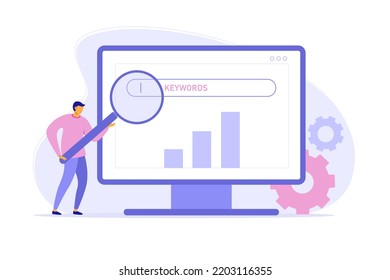 Lsi keyword research and seo optimization. Web analysis and seo  concept. Tiny man analyzing SERPs with magnifying glass, chart, gears. Vector flat illustration for landing page, banner, site