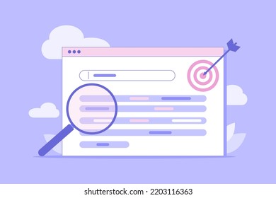 Lsi keyword research and seo optimization. Web analysis and seo  concept. Analyzing SERPs with magnifying glass. Vector flat illustration for landing page, banner, site