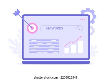 Lsi Keyword Forschung und Seo Optimierung. Web-Analyse und Seo-Konzept. Analysieren von SERPs mit Lupe, Darts, Diagramm. Vektorflache Illustration für Landepage, Banner, Website