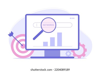 Lsi keyword research and seo optimization. Web analysis and seo  concept. Analyzing SERPs with magnifying glass, darts, chart. Vector flat illustration for landing page, banner, site