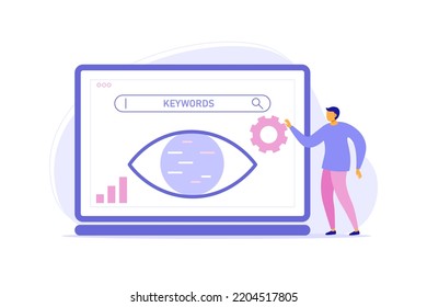 Lsi keyword research and seo optimization. Web analysis and seo  concept. Tiny man analyzing SERPs with gear, eye, chart. Vector flat illustration for landing page, banner, site