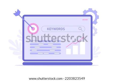 Lsi keyword research and seo optimization. Web analysis and seo  concept. Analyzing SERPs with magnifying glass, darts, chart. Vector flat illustration for landing page, banner, site
