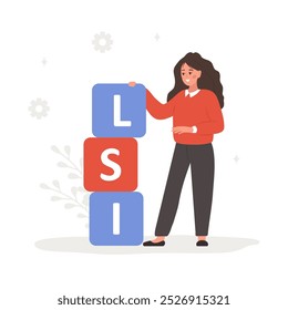 Lsi keyword service. Latent Semantic Indexing. Search engine marketing. Vector illustration in flat cartoon style. Female character is engaged in Web analysis and word search optimization.