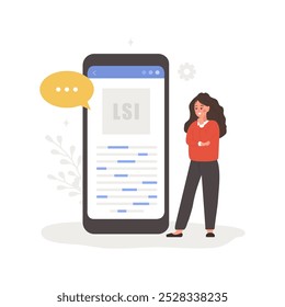 Lsi keyword service. Latent Semantic Indexing. Search engine marketing. Vector illustration in flat cartoon style. Female character is engaged in Web analysis and word search optimization.