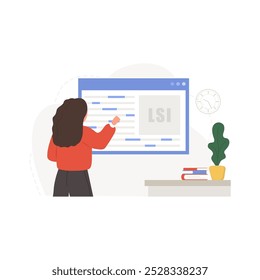 Lsi keyword service. Latent Semantic Indexing. Key phrases generator. Vector illustration in flat cartoon style. Female character is engaged in Web analysis and word search optimization.