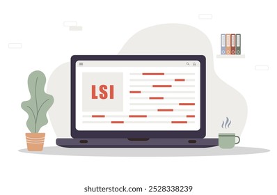 Lsi keyword service. Latent Semantic Indexing. Key phrases generator. Vector illustrations in cartoon style. Word search optimization.